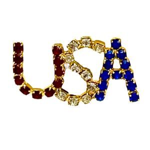 Patriotic Usa Brooch 1.25" American Crystal Rhinestone Velvet Jewelry Vintage